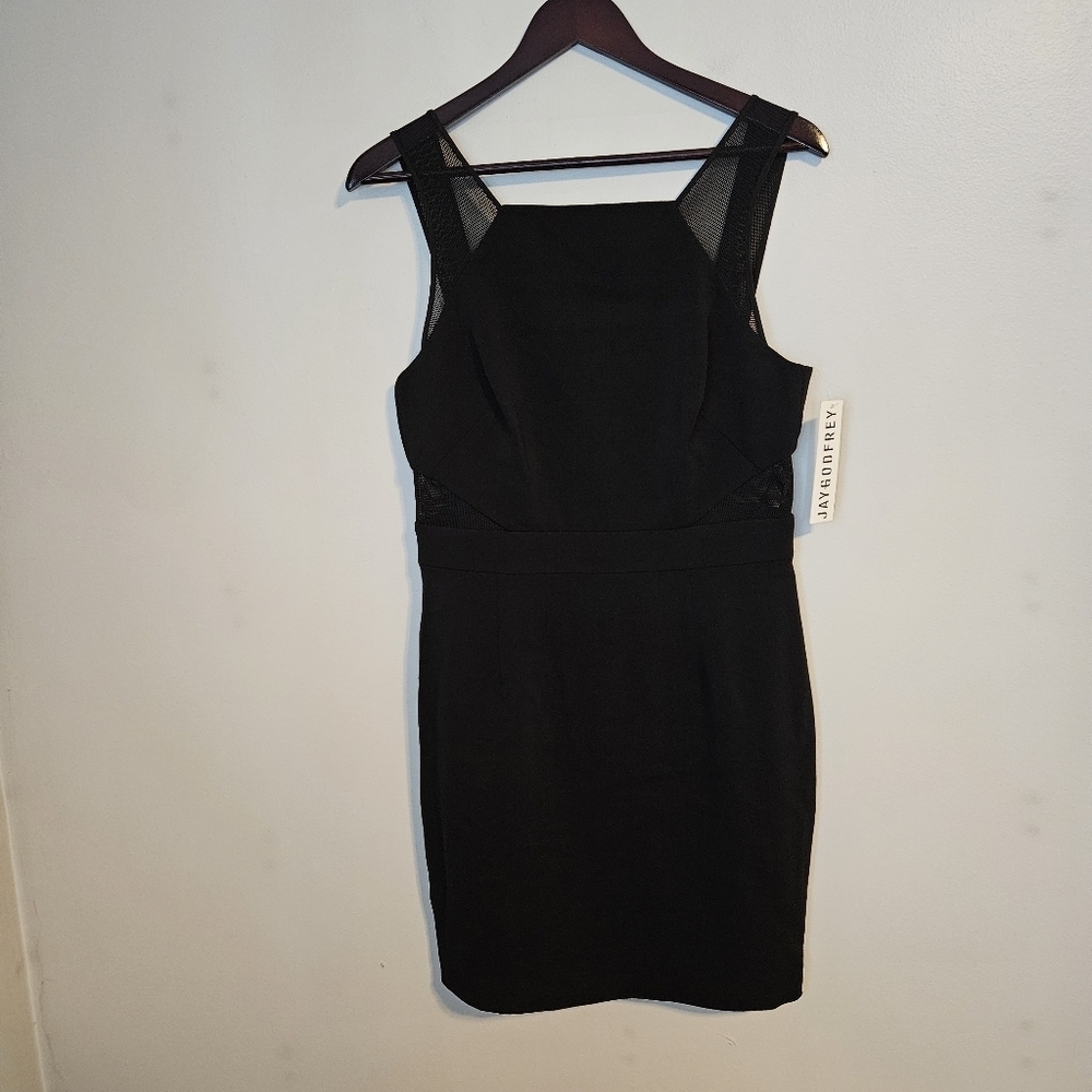 JayGodfrey Black Mesh Panel Cutout Dress Mini High Neck Cocktail Neutral 8